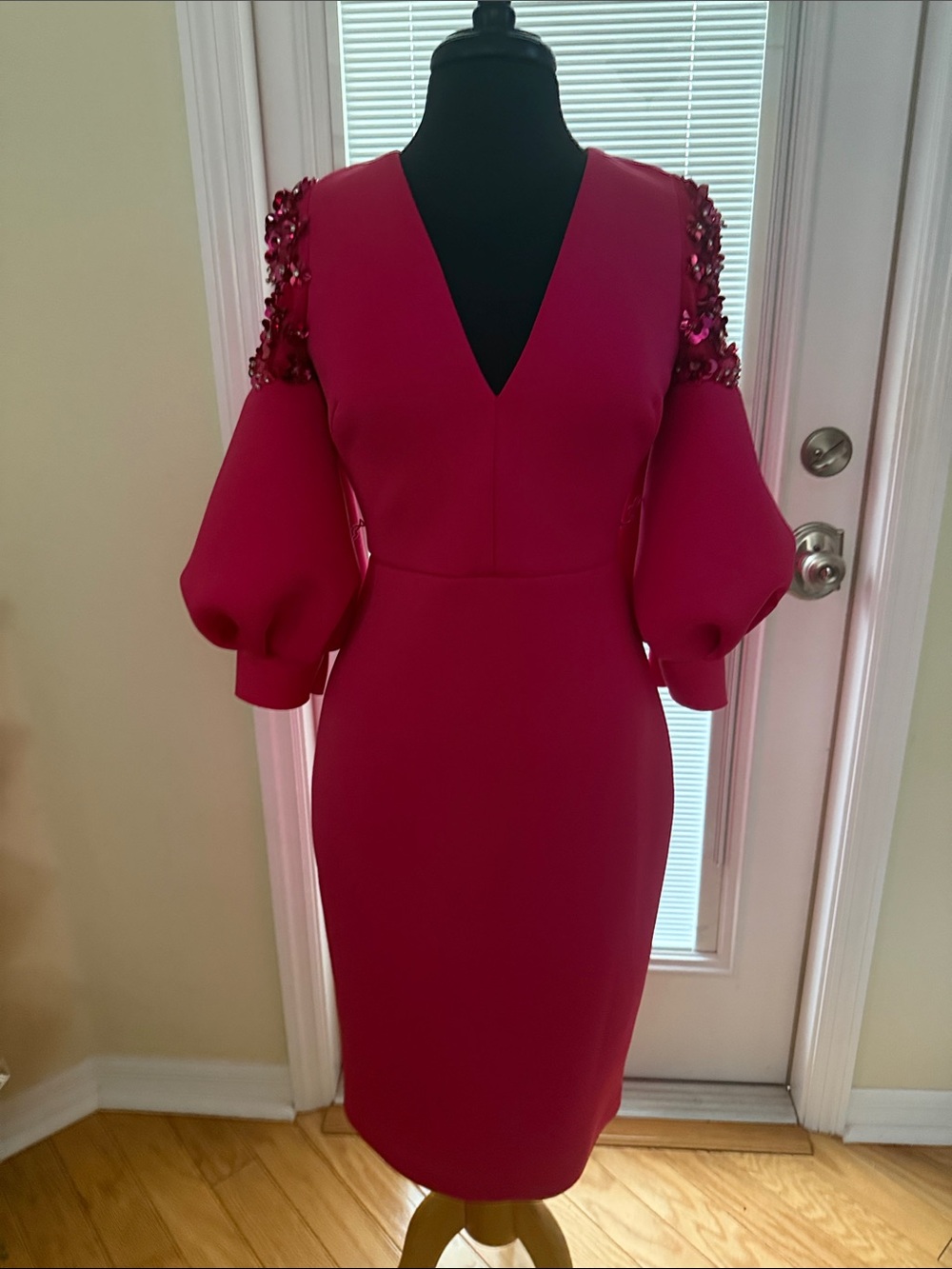 Badgley Mischka Hot Pink V-Neck Midi Dress with Embellished Puff Sleeves